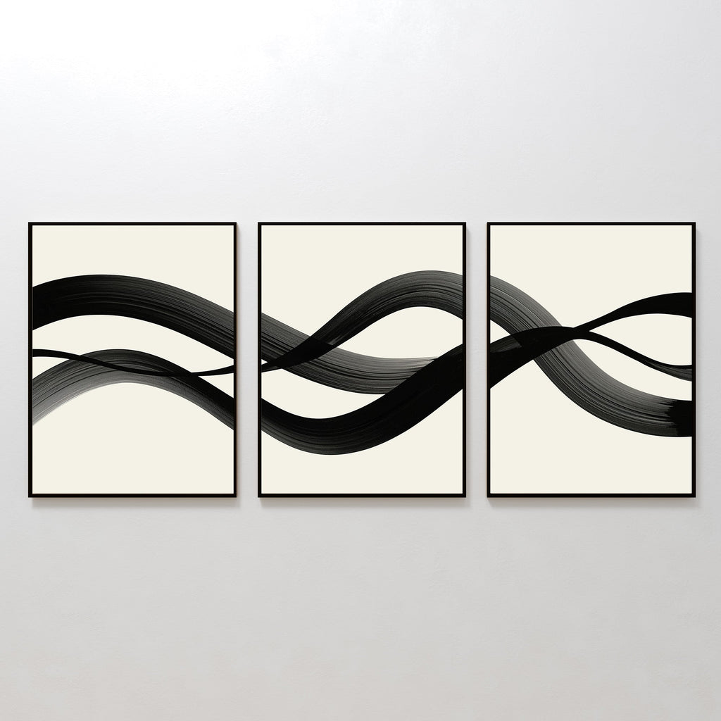 Whispered Strokes Triptych – Set of 3 Canvas Prints set of 3 – black and white abstract canvas wall art by Aspire Prints
