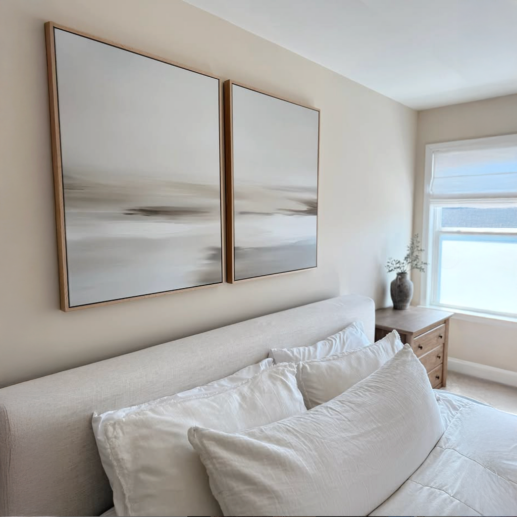 Whispers in Sand & Silence – Set of 2 Canvas Prints set of 2 – beige and white abstract canvas wall art by Aspire Prints