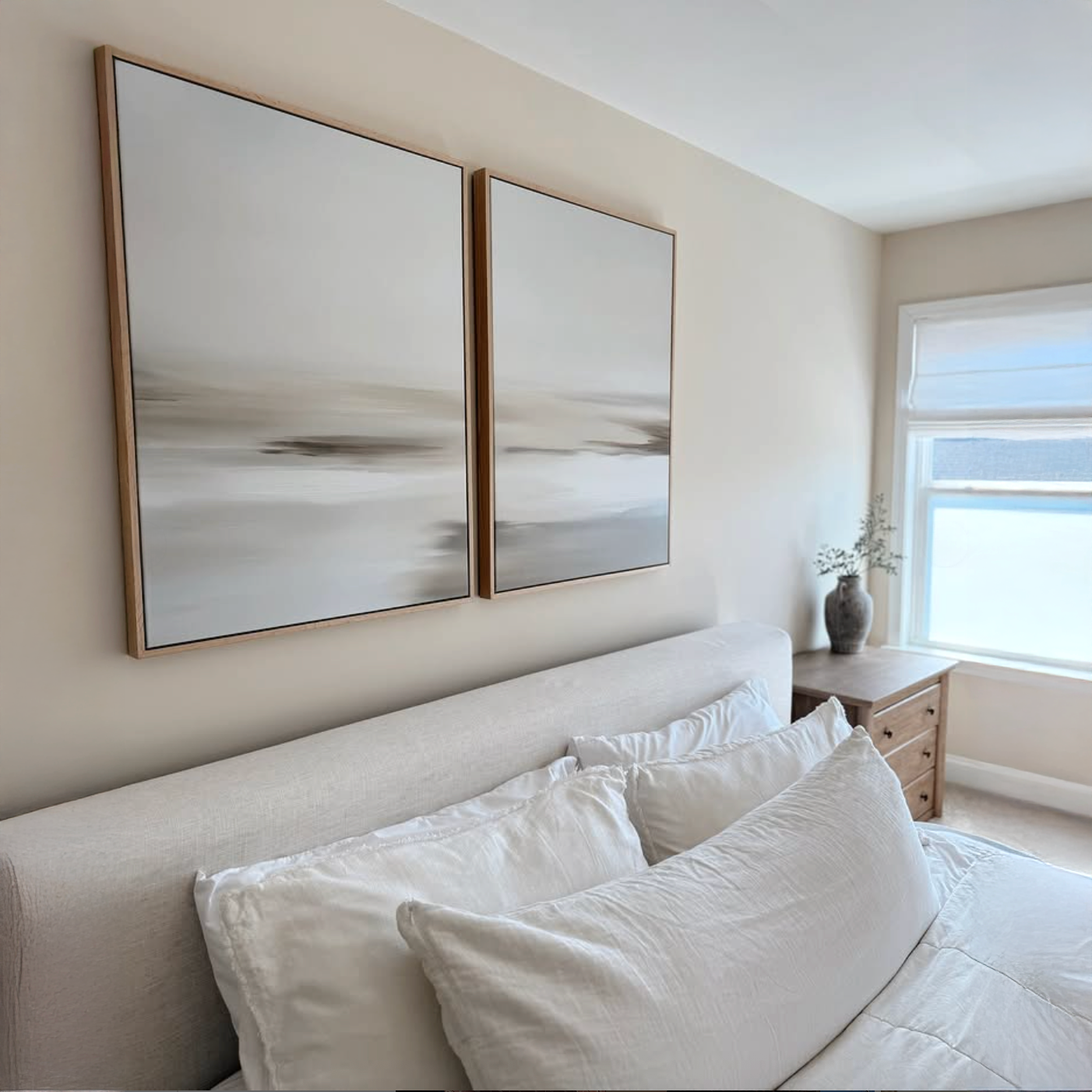 Whispers in Sand & Silence – Set of 2 Canvas Prints set of 2 – beige and white abstract canvas wall art by Aspire Prints