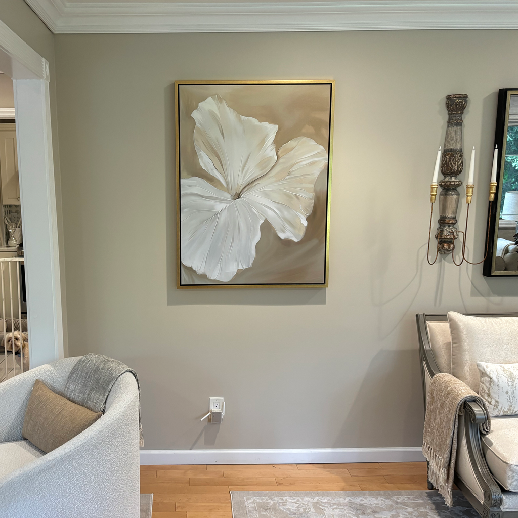 Whispering Petals in Mist – beige and white botanical canvas wall art print by Aspire Prints