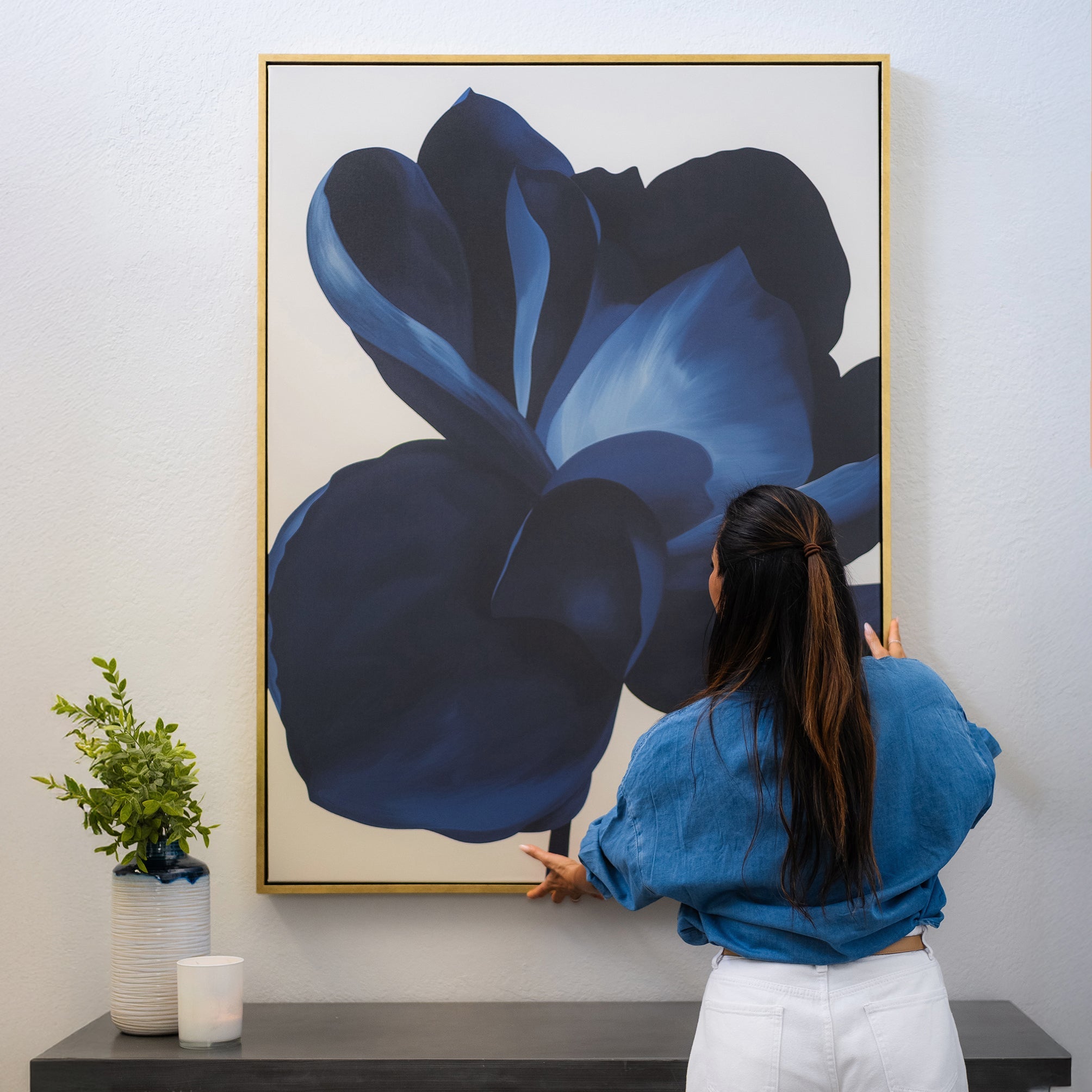 Petals After Dark – blue botanical canvas wall art print by Aspire Prints