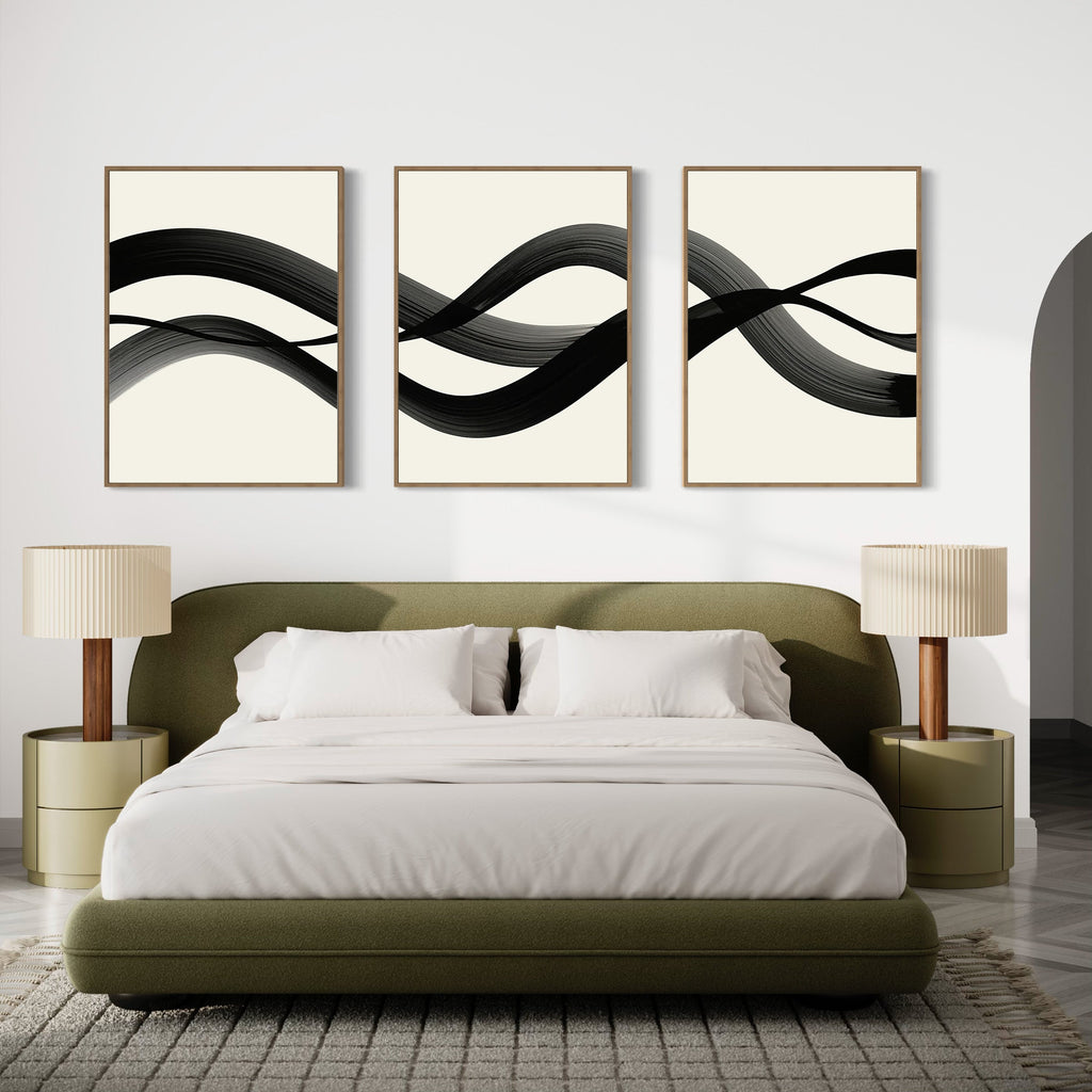 Whispered Strokes Triptych – Set of 3 Canvas Prints set of 3 – black and white abstract canvas wall art by Aspire Prints
