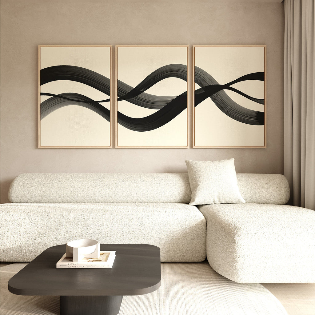 Whispered Strokes Triptych – Set of 3 Canvas Prints set of 3 – black and white abstract canvas wall art by Aspire Prints