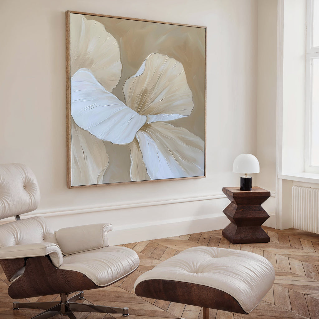 Petal Hush – beige and white botanical canvas wall art print by Aspire Prints