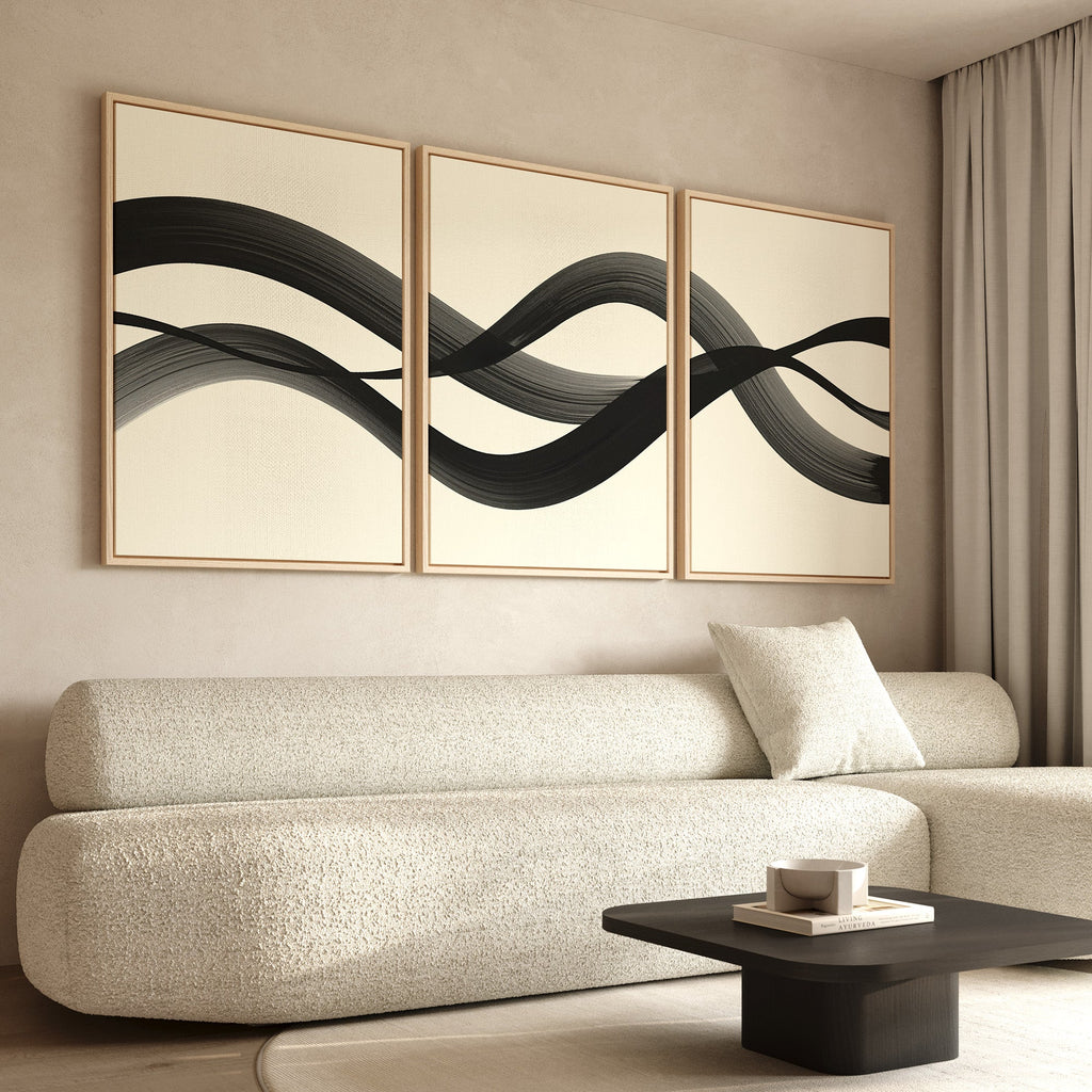 Whispered Strokes Triptych – Set of 3 Canvas Prints set of 3 – black and white abstract canvas wall art by Aspire Prints