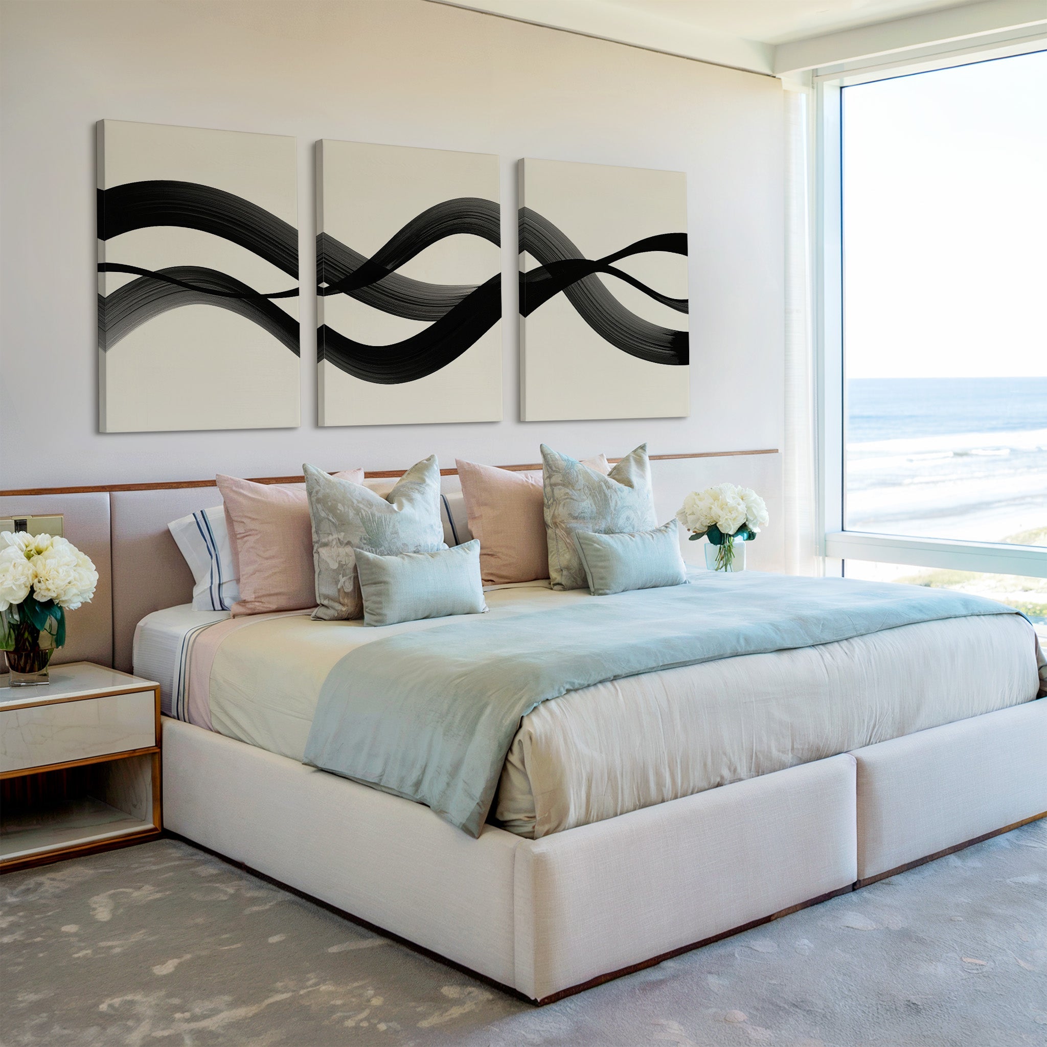 Whispered Strokes Triptych – Set of 3 Canvas Prints set of 3 – black and white abstract canvas wall art by Aspire Prints