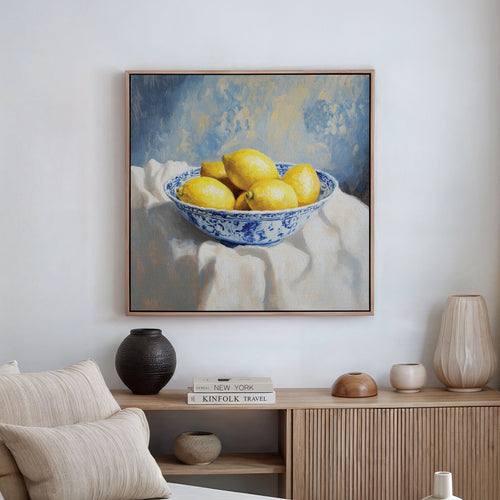 Citrus & Cobalt Reverie – golden yellow vintage canvas wall art print by Aspire Prints