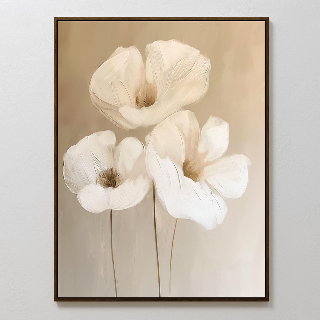 Whispering Petals in Triptych – beige and white botanical canvas wall art print by Aspire Prints