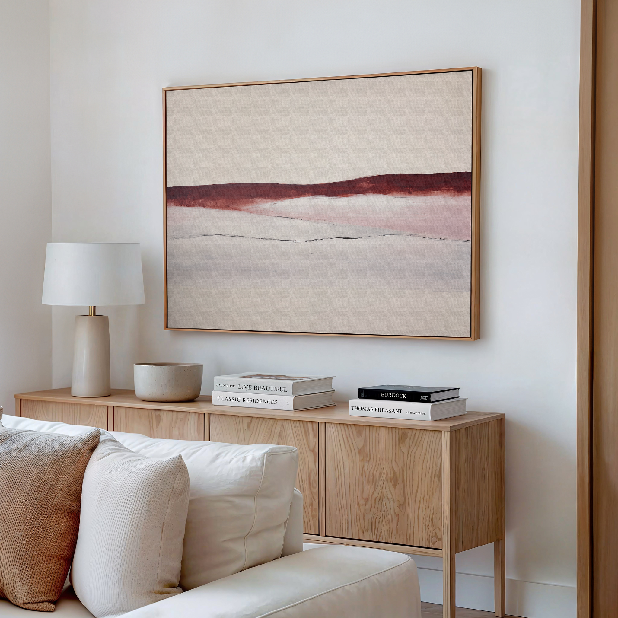 Crimson Horizon Reverie – beige and white landscape canvas wall art print by Aspire Prints