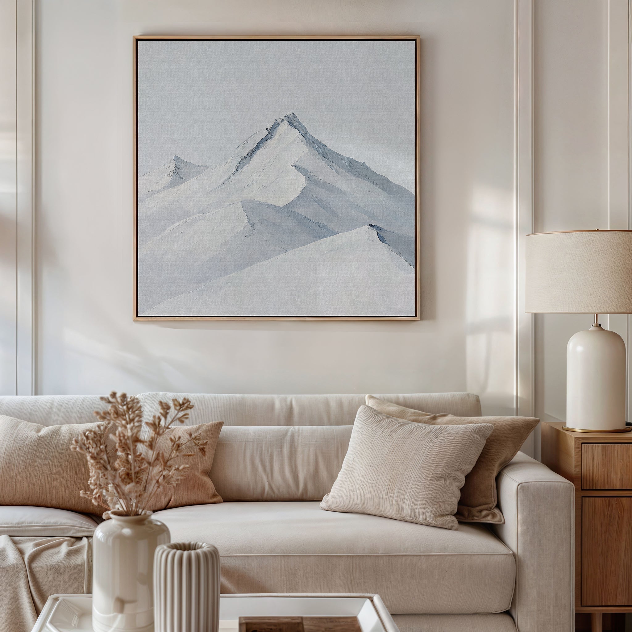 Whispers of the Summit – beige and white landscape canvas wall art print by Aspire Prints