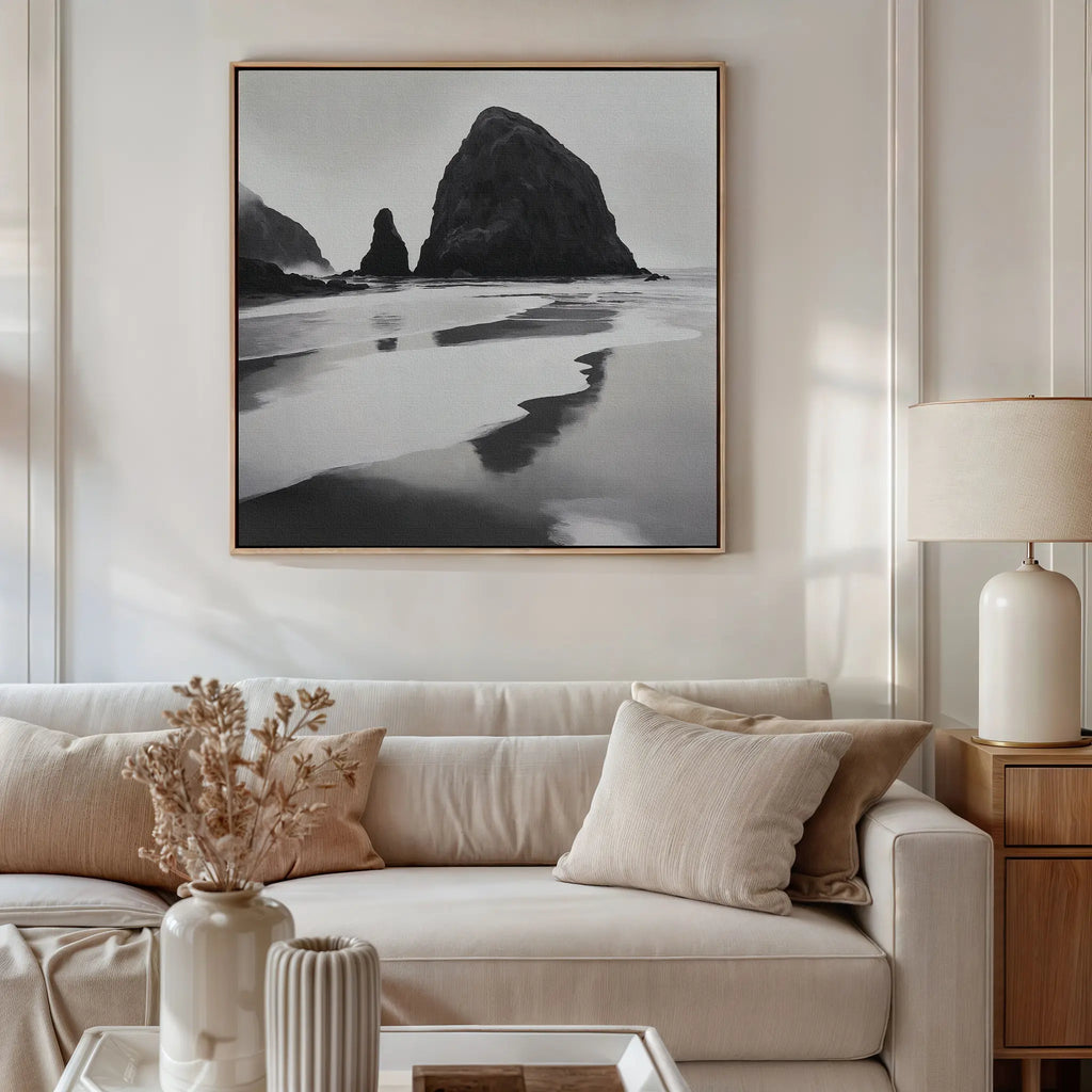 Where Tides Whisper – black and white coastal canvas wall art print by Aspire Prints