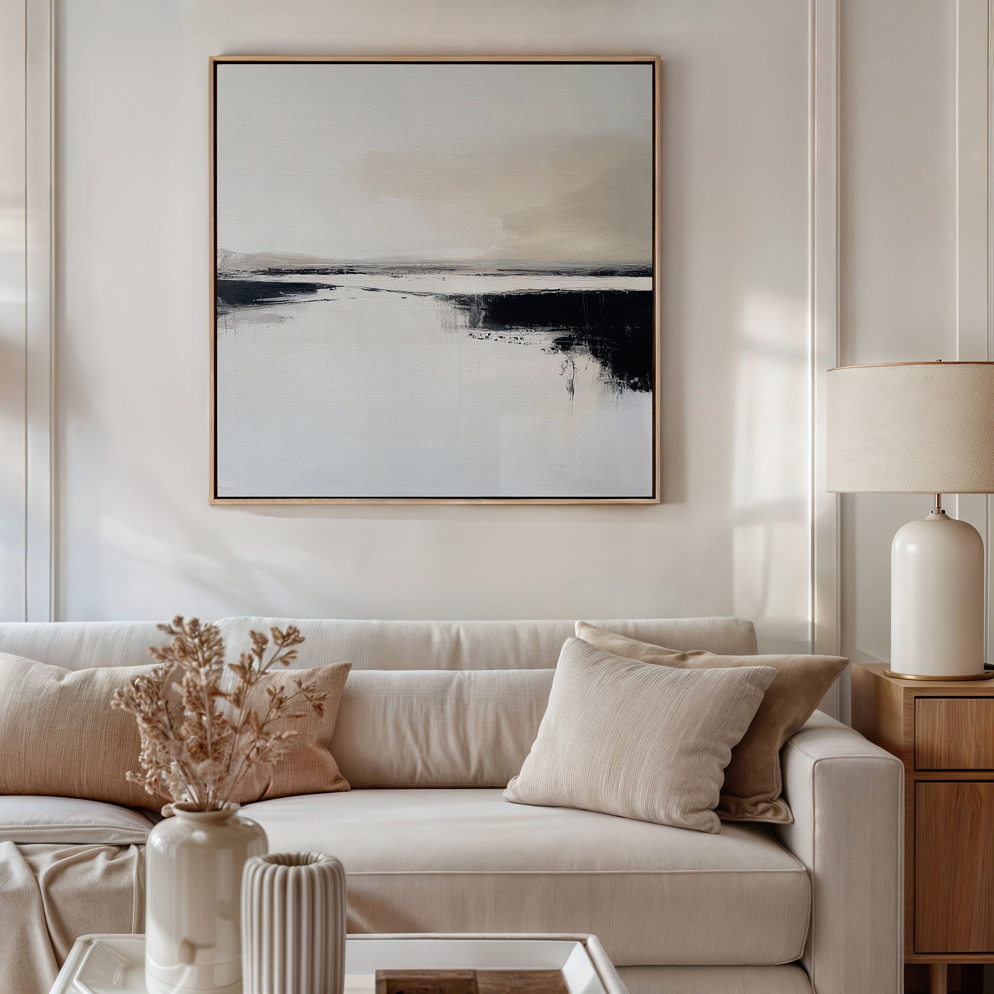 Whispers in Monochrome – beige and white landscape canvas wall art print by Aspire Prints