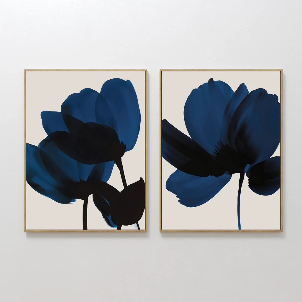 Midnight Petals Diptych – Set of 2 Canvas Prints set of 2 – blue botanical canvas wall art by Aspire Prints
