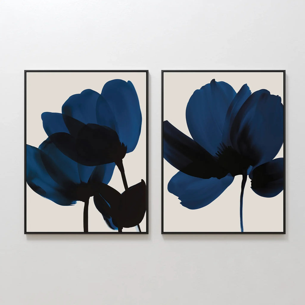 Midnight Petals Diptych – Set of 2 Canvas Prints set of 2 – blue botanical canvas wall art by Aspire Prints
