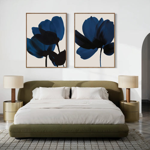 Midnight Petals Diptych – Set of 2 Canvas Prints set of 2 – blue botanical canvas wall art by Aspire Prints