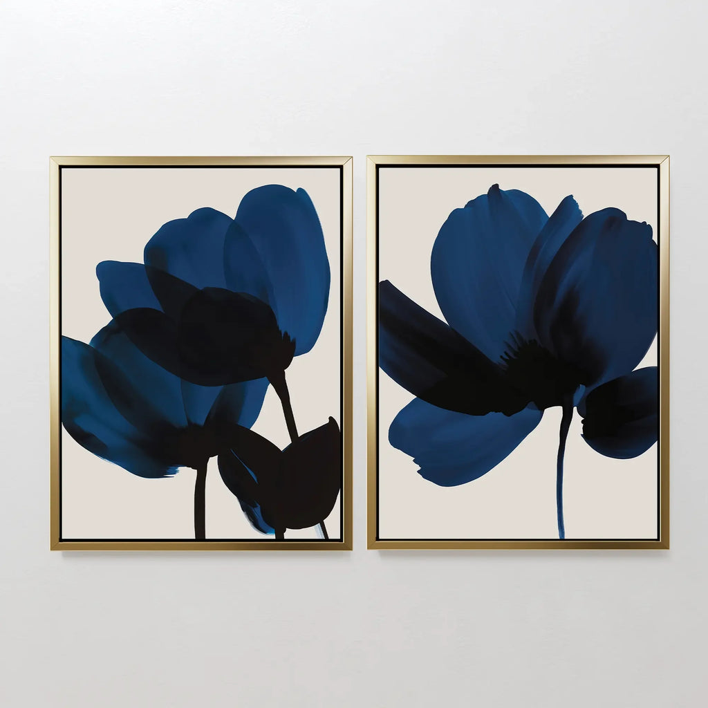 Midnight Petals Diptych – Set of 2 Canvas Prints set of 2 – blue botanical canvas wall art by Aspire Prints
