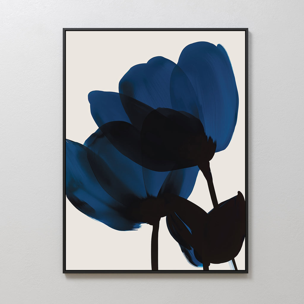 Midnight Petal Whisper – blue botanical canvas wall art print by Aspire Prints