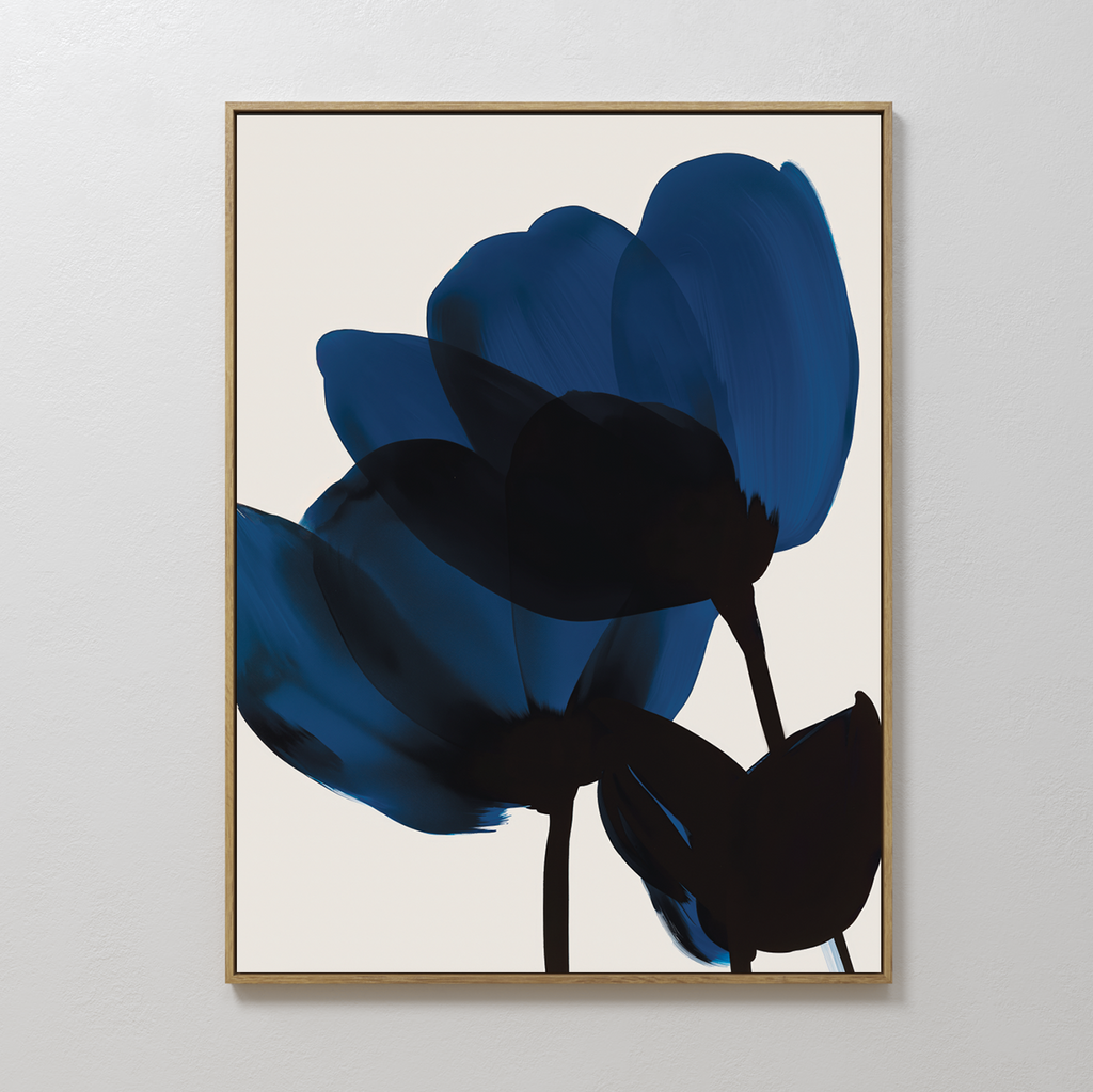 Midnight Petal Whisper – blue botanical canvas wall art print by Aspire Prints