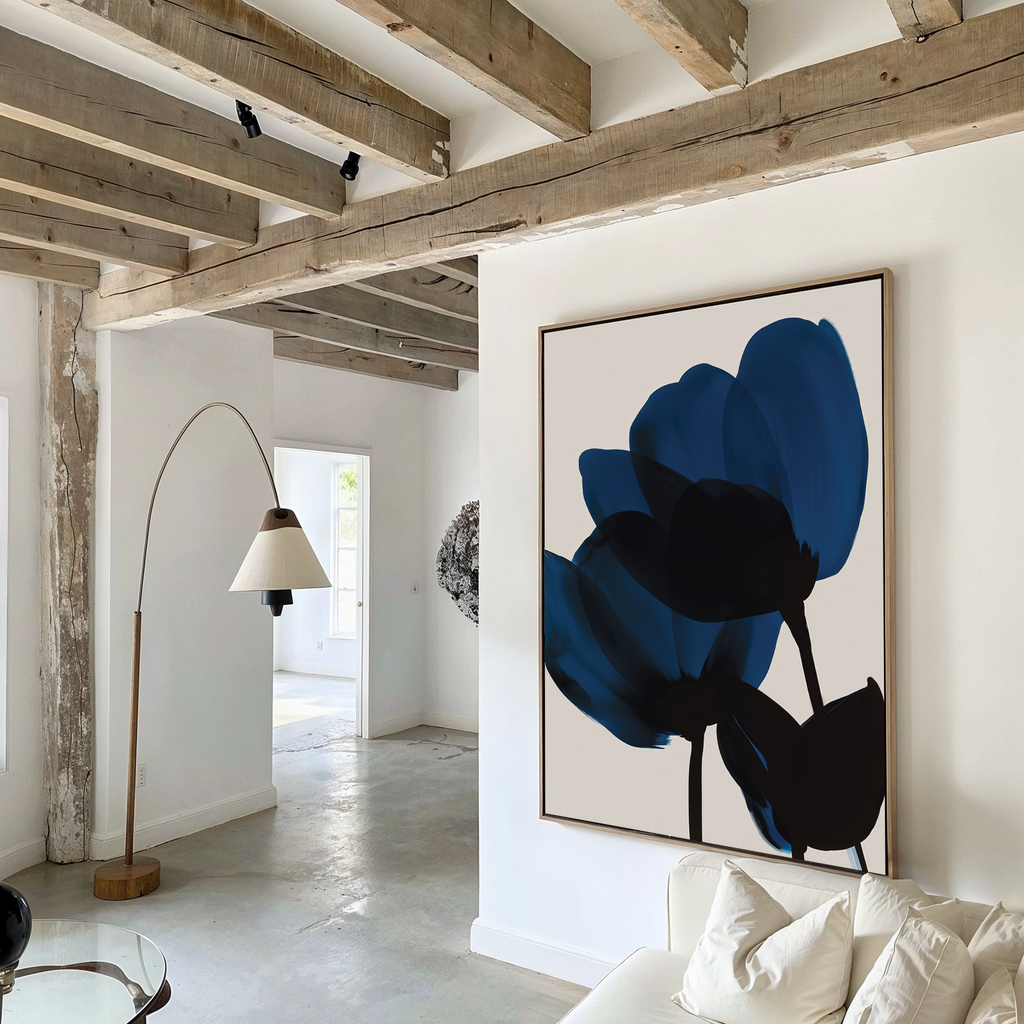 Midnight Petal Whisper – blue botanical canvas wall art print by Aspire Prints