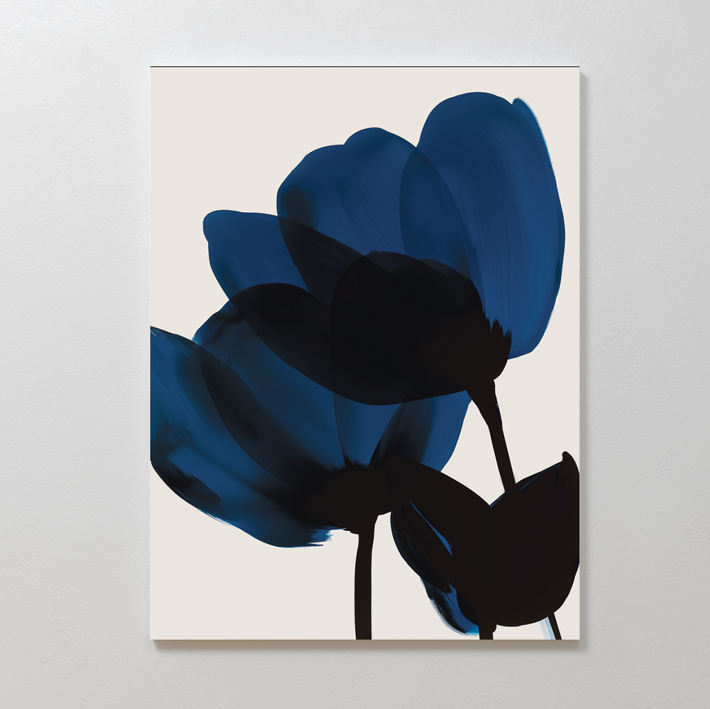 Midnight Petal Whisper – blue botanical canvas wall art print by Aspire Prints