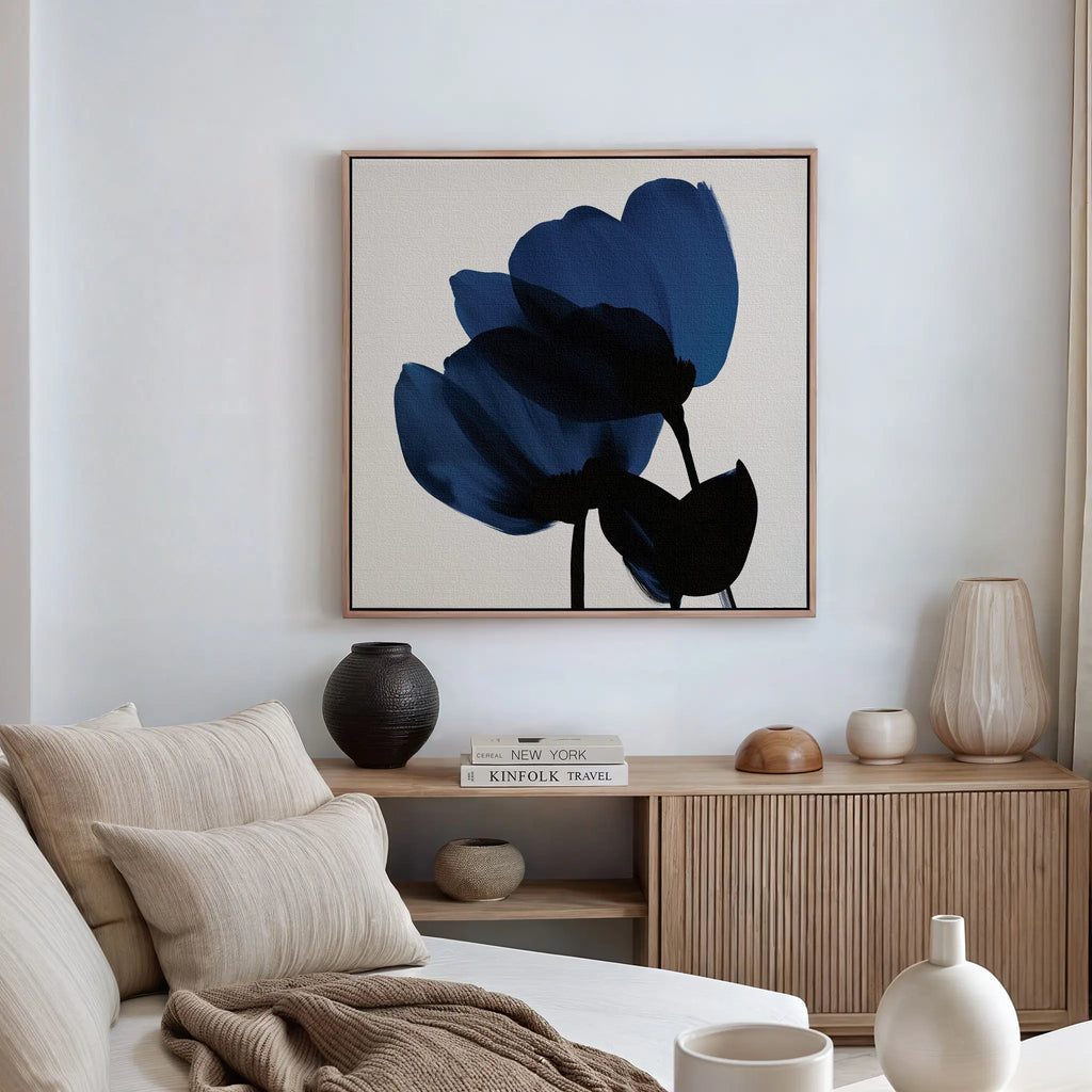 Midnight Petal Whisper – blue botanical canvas wall art print by Aspire Prints