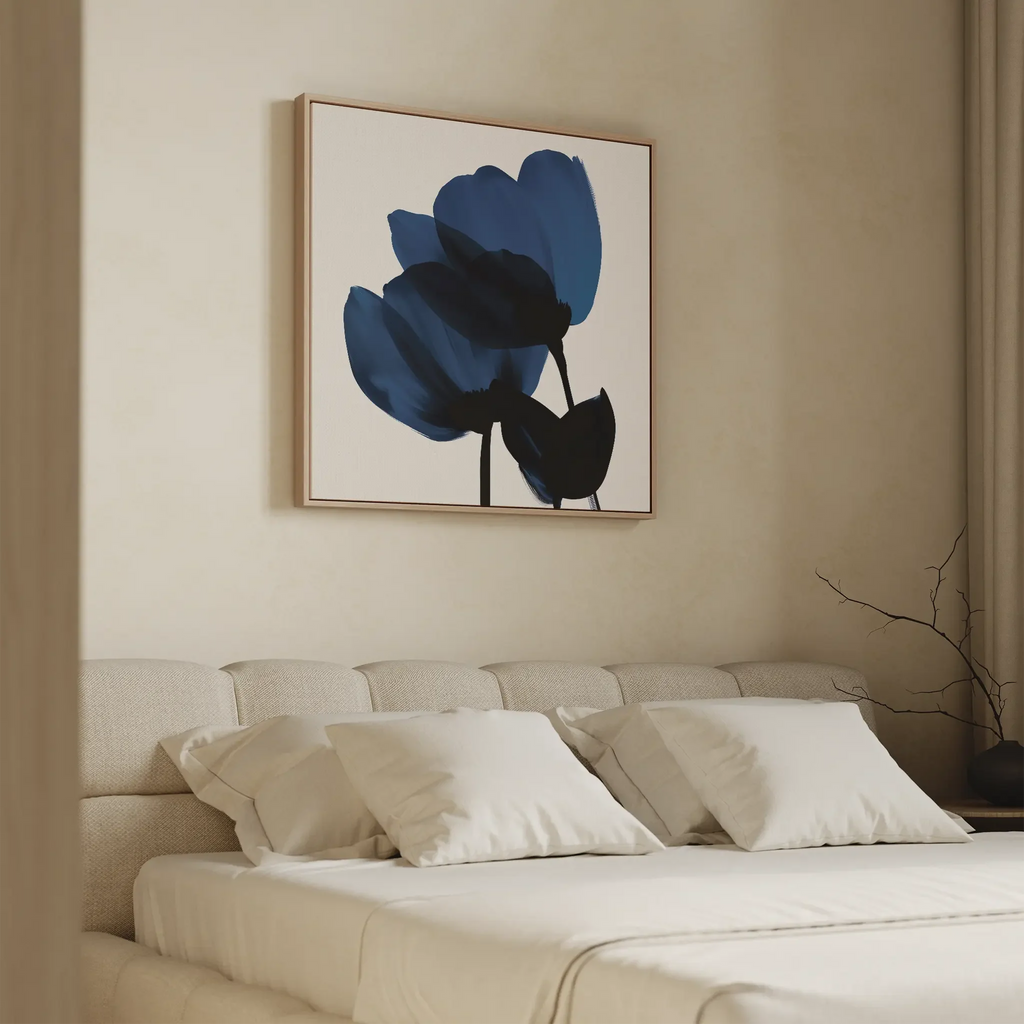 Midnight Petal Whisper – blue botanical canvas wall art print by Aspire Prints