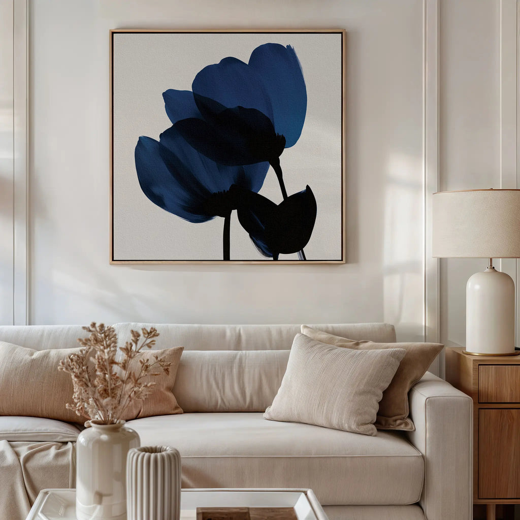 Midnight Petal Whisper – blue botanical canvas wall art print by Aspire Prints