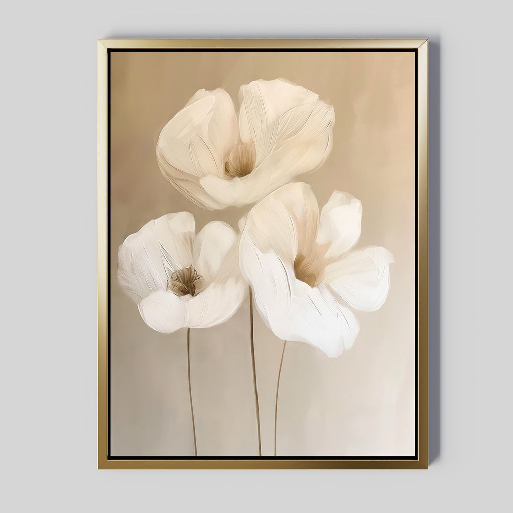Whispering Petals in Triptych – beige and white botanical canvas wall art print by Aspire Prints