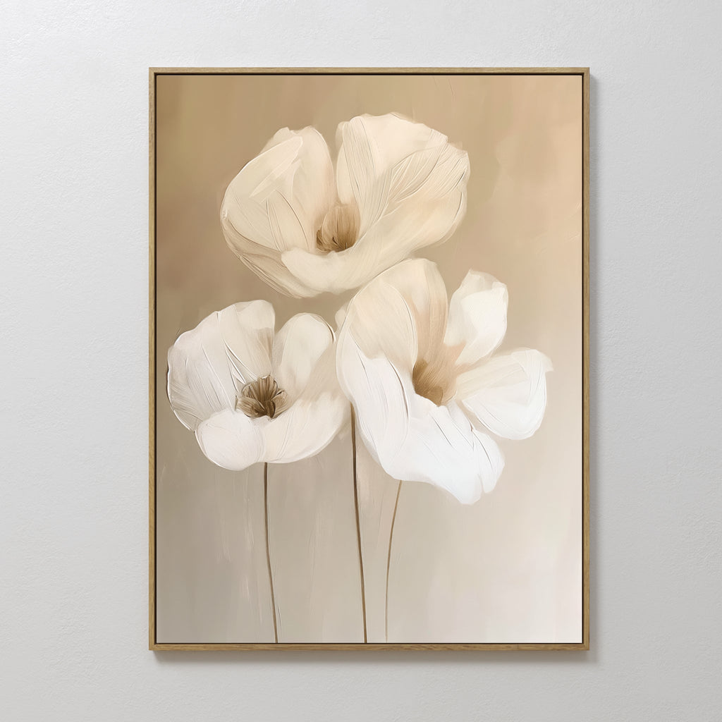 Whispering Petals in Triptych – beige and white botanical canvas wall art print by Aspire Prints