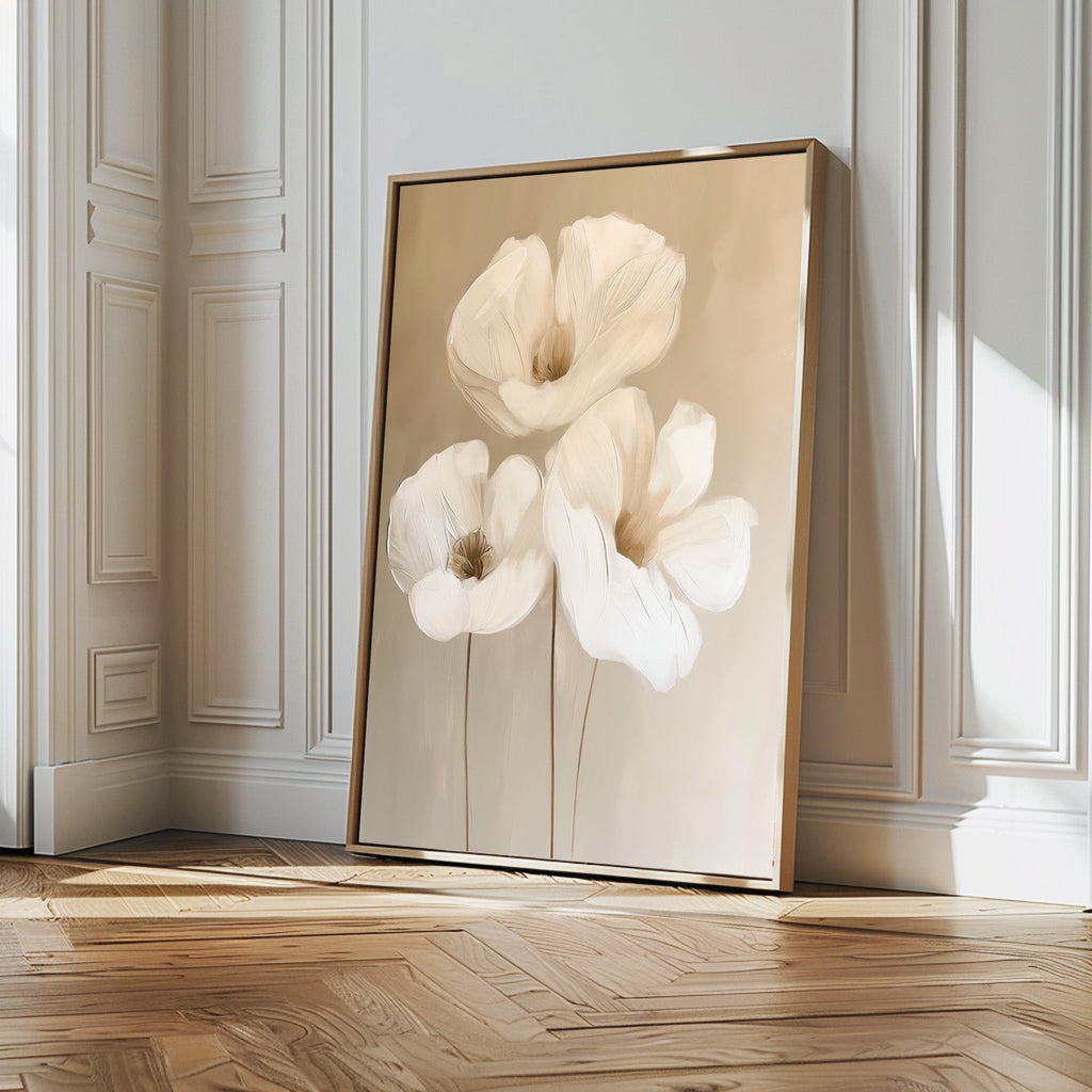 Whispering Petals in Triptych – beige and white botanical canvas wall art print by Aspire Prints