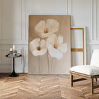 Whispering Petals in Triptych – beige and white botanical canvas wall art print by Aspire Prints