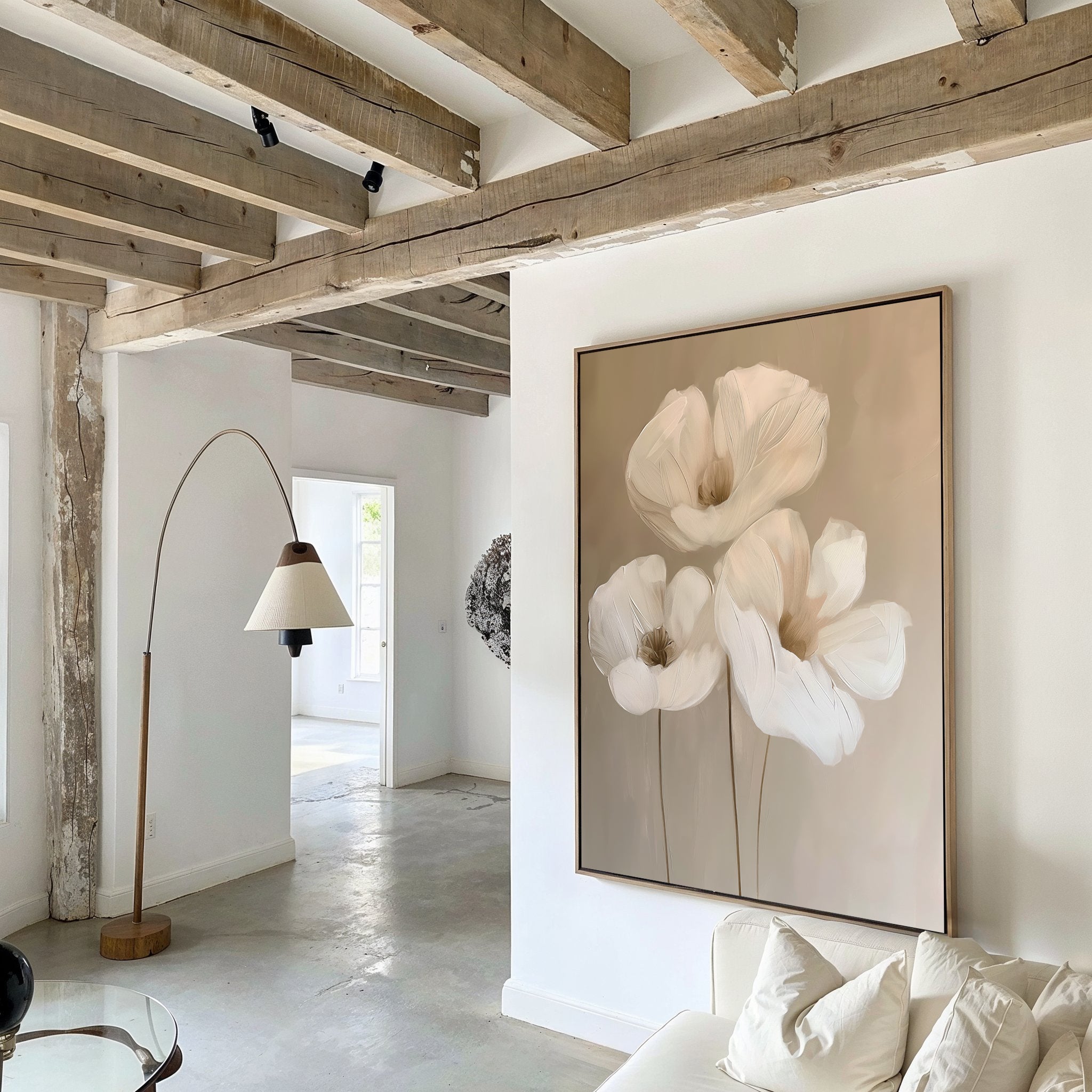 Whispering Petals in Triptych – beige and white botanical canvas wall art print by Aspire Prints