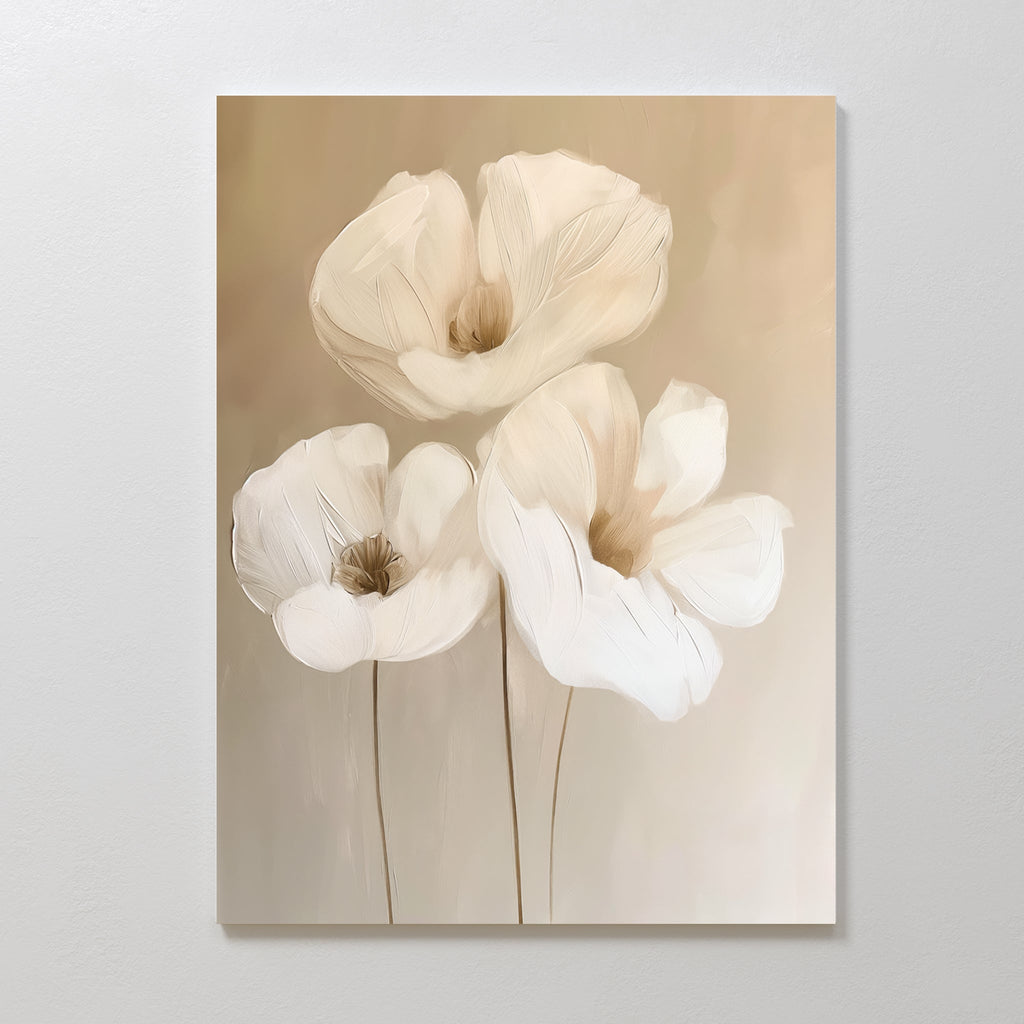 Whispering Petals in Triptych – beige and white botanical canvas wall art print by Aspire Prints