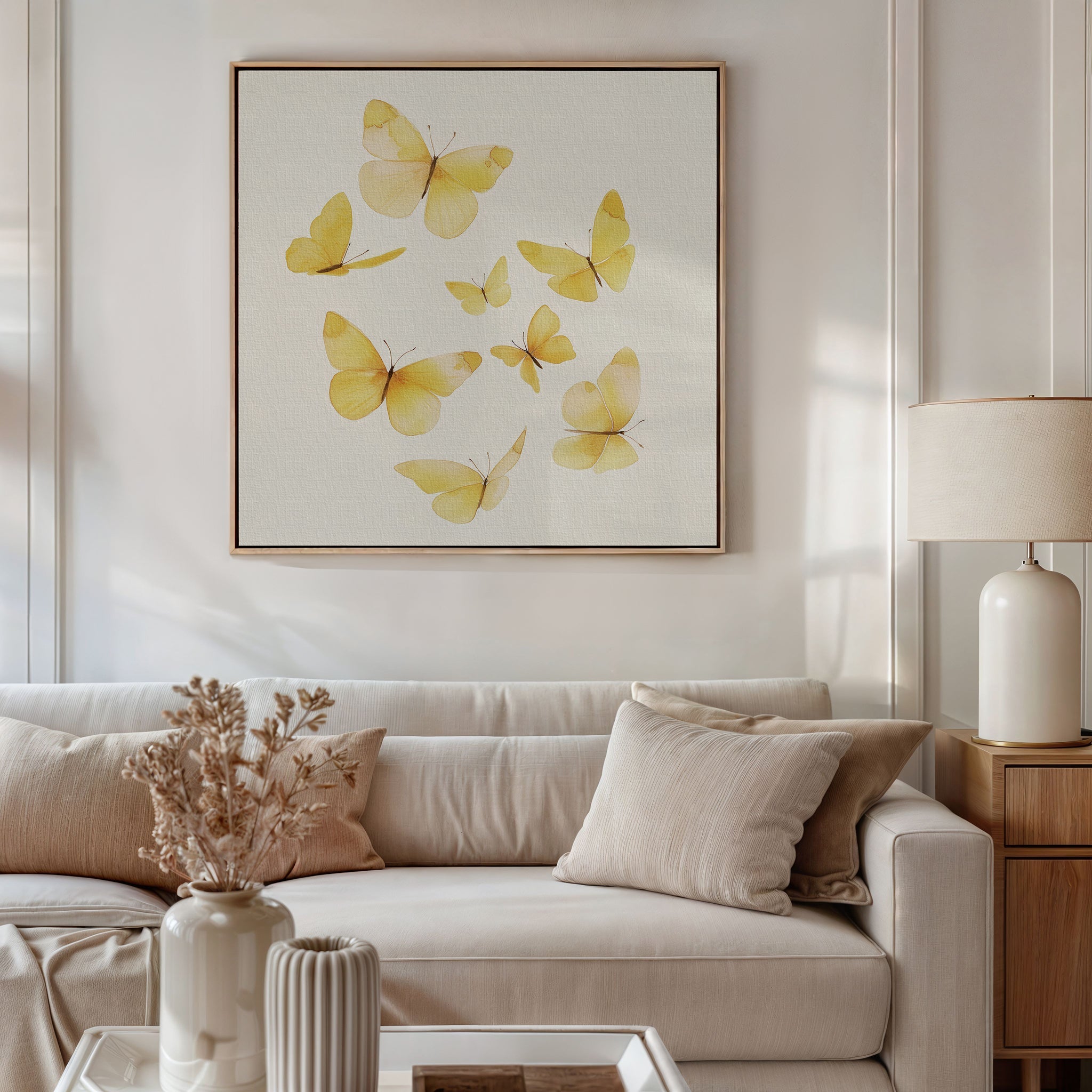 Whispers of Saffron Wings – neutral-toned wildlife canvas wall art print by Aspire Prints