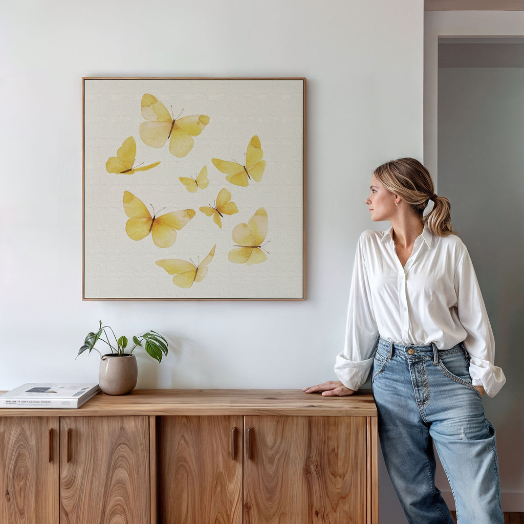 Whispers of Saffron Wings – neutral-toned wildlife canvas wall art print by Aspire Prints