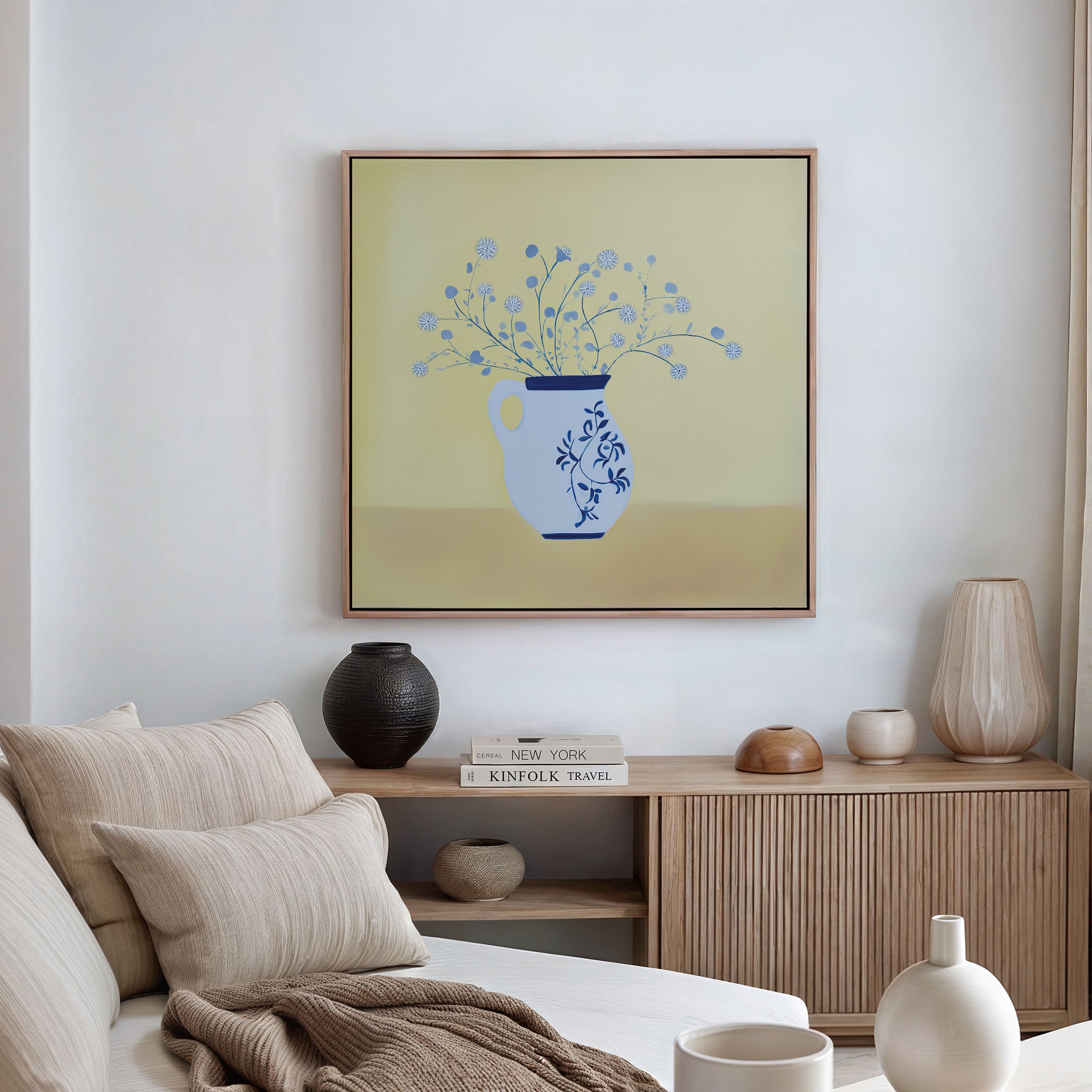 Whispers in Cerulean – neutral-toned botanical canvas wall art print by Aspire Prints
