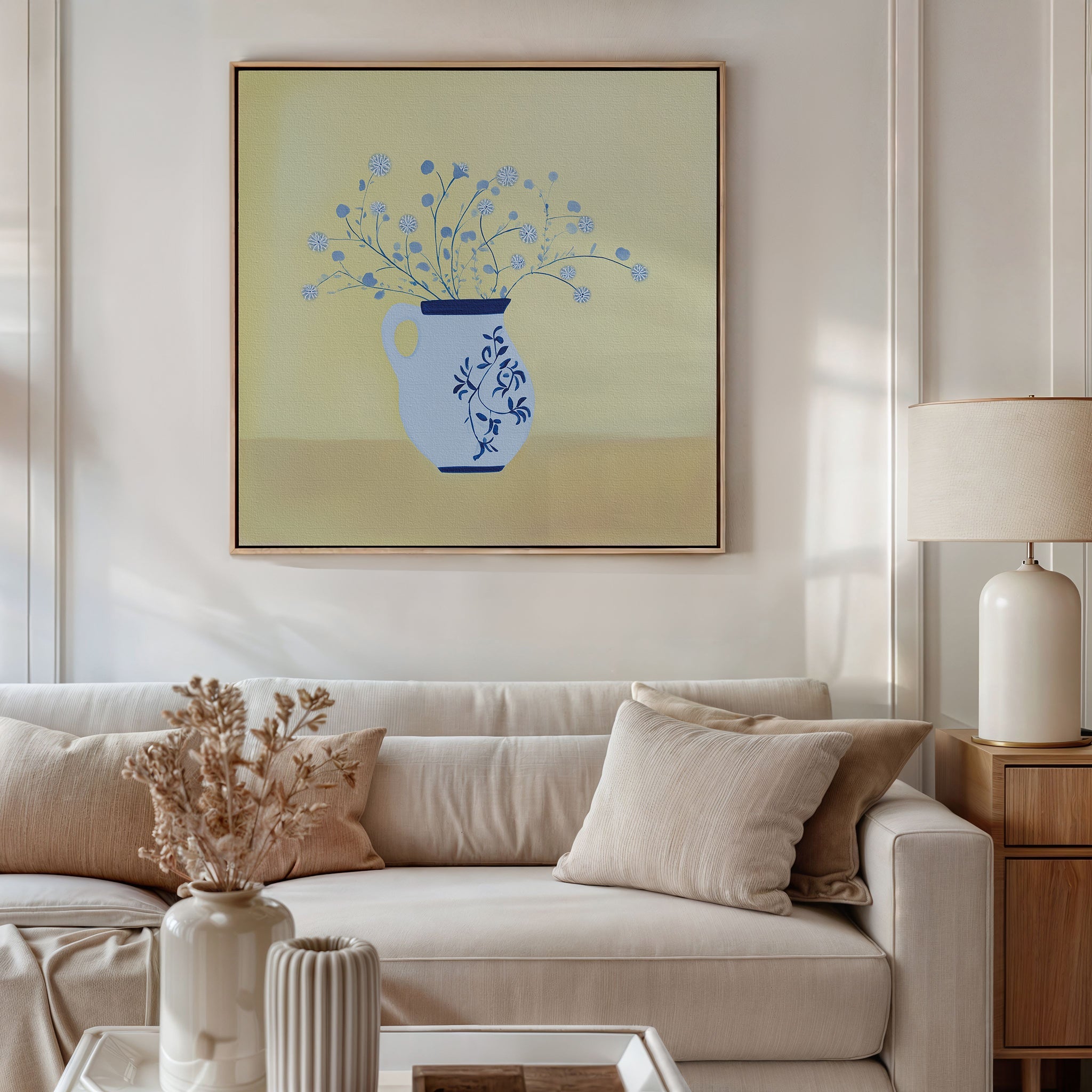 Whispers in Cerulean – neutral-toned botanical canvas wall art print by Aspire Prints