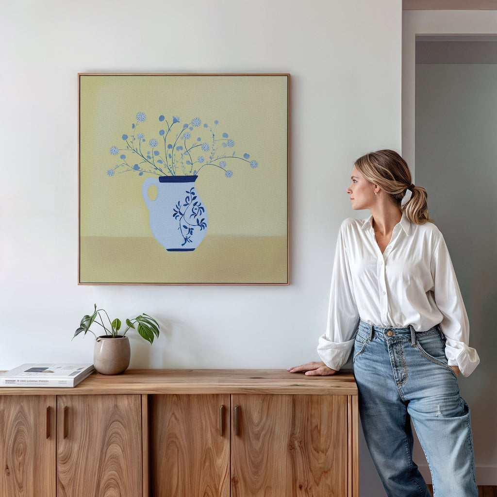 Whispers in Cerulean – neutral-toned botanical canvas wall art print by Aspire Prints