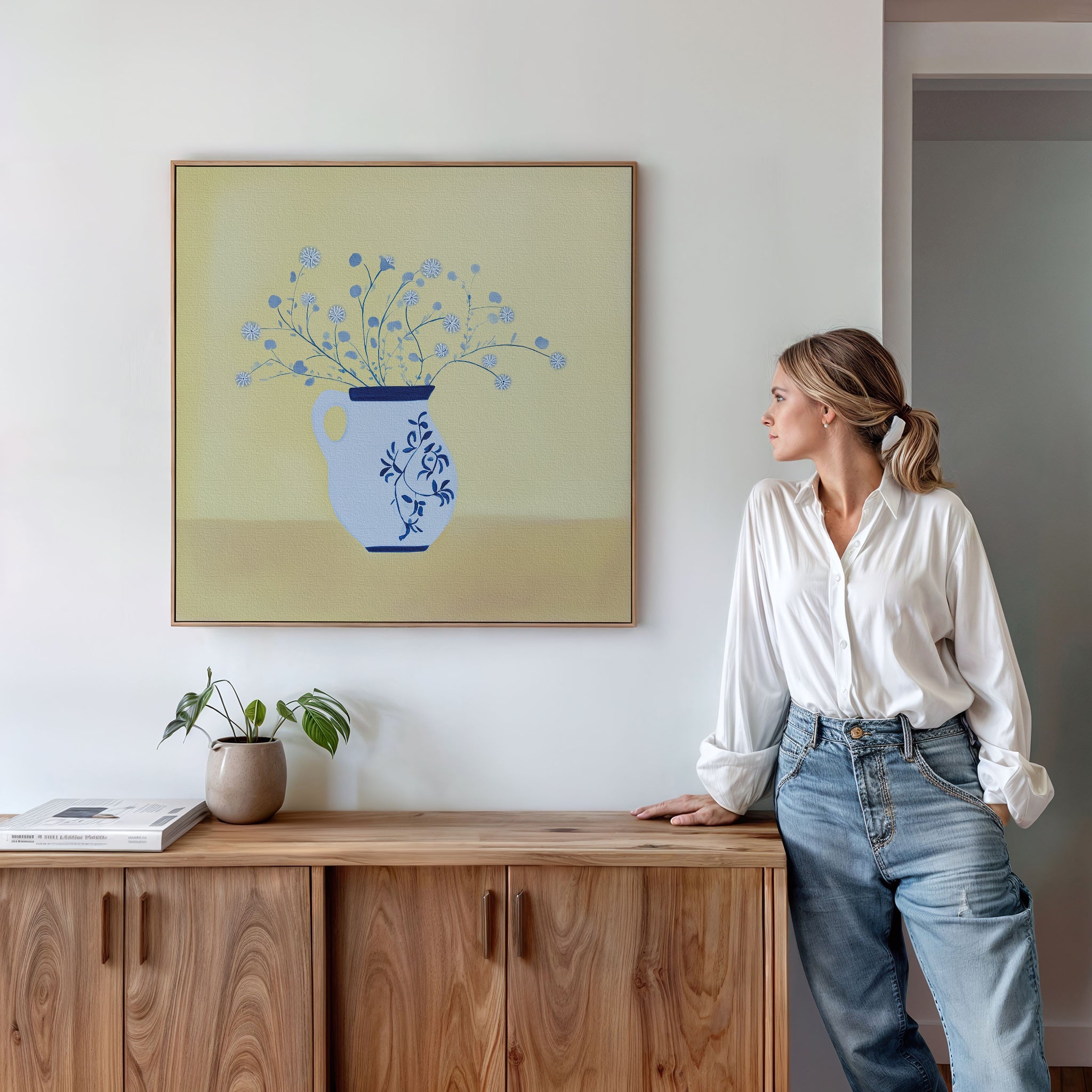 Whispers in Cerulean – neutral-toned botanical canvas wall art print by Aspire Prints