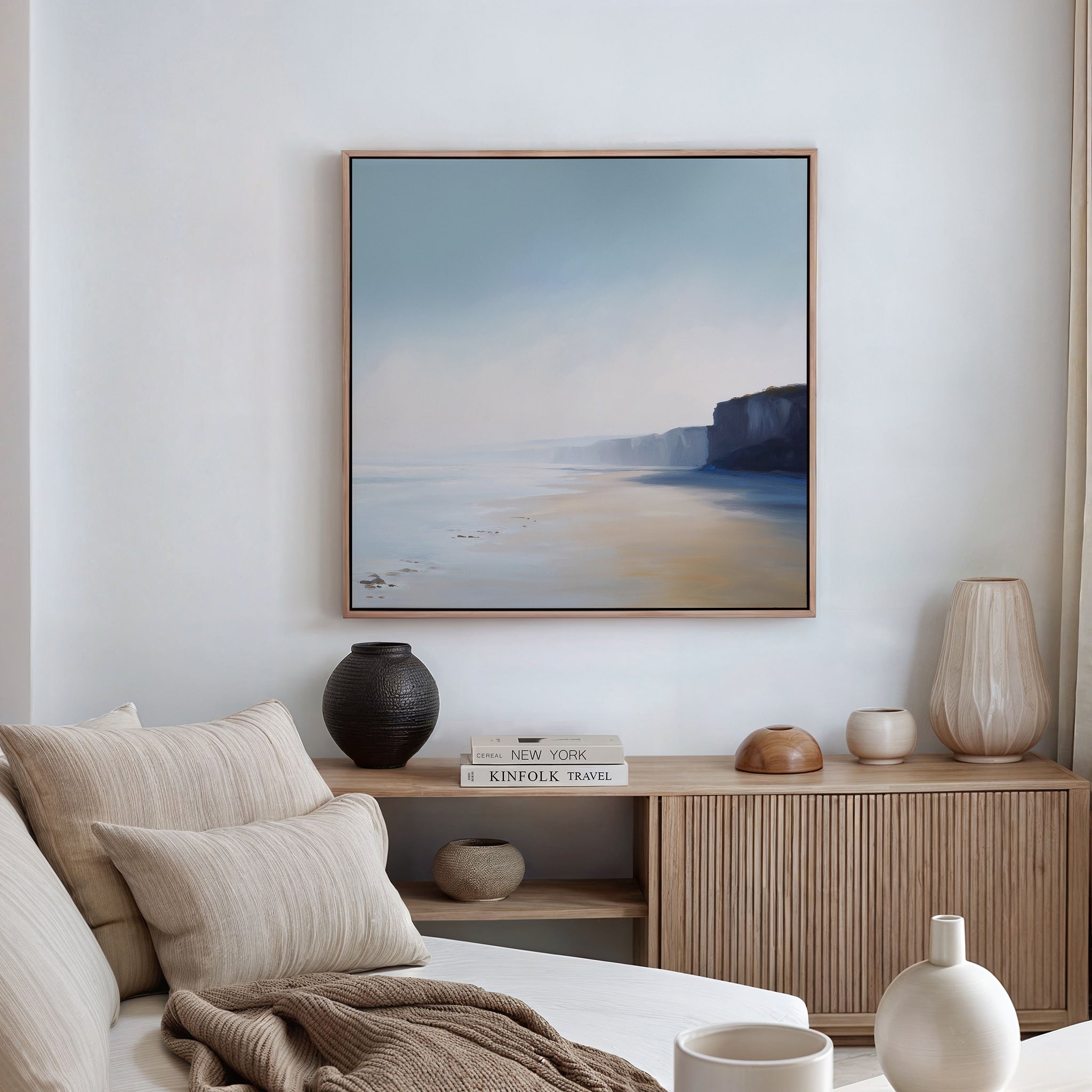 Where the Sea Meets Stone – blue coastal canvas wall art print by Aspire Prints