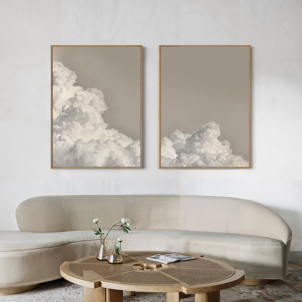 Whispers in the Sky – Set of 2 Canvas Prints set of 2 – beige and white cloud canvas wall art by Aspire Prints