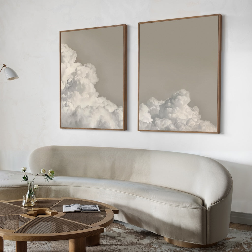 Whispers in the Sky – Set of 2 Canvas Prints set of 2 – beige and white cloud canvas wall art by Aspire Prints