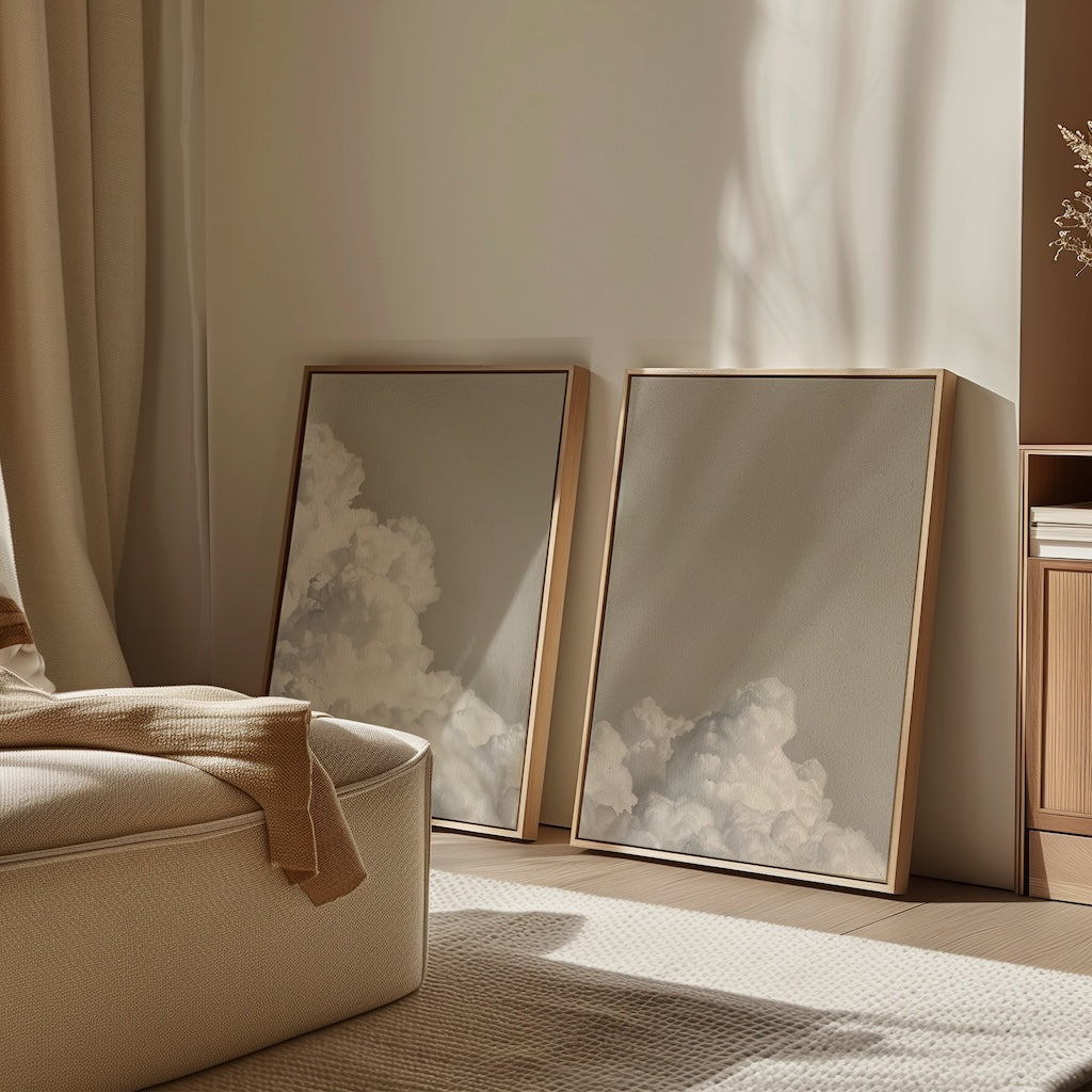 Whispers in the Sky – Set of 2 Canvas Prints set of 2 – beige and white cloud canvas wall art by Aspire Prints