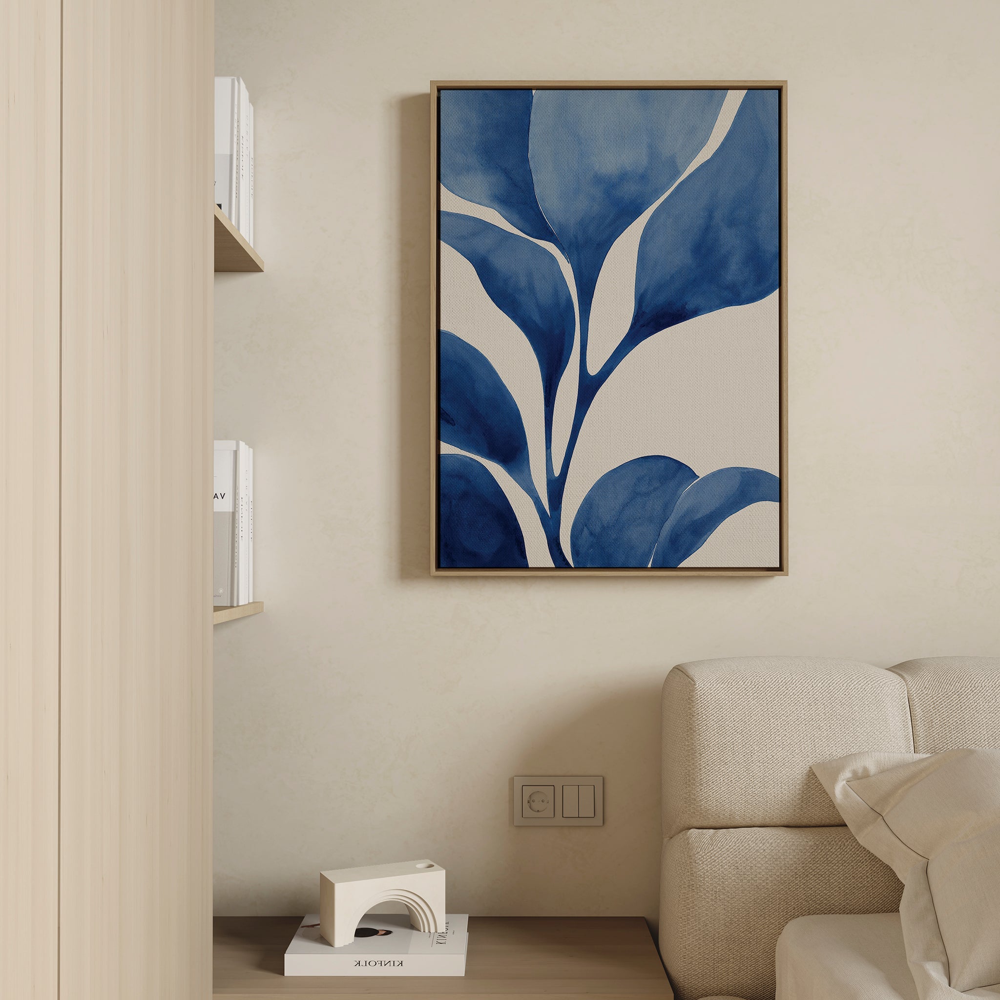 Indigo Whispers in Bloom – neutral-toned botanical canvas wall art print by Aspire Prints