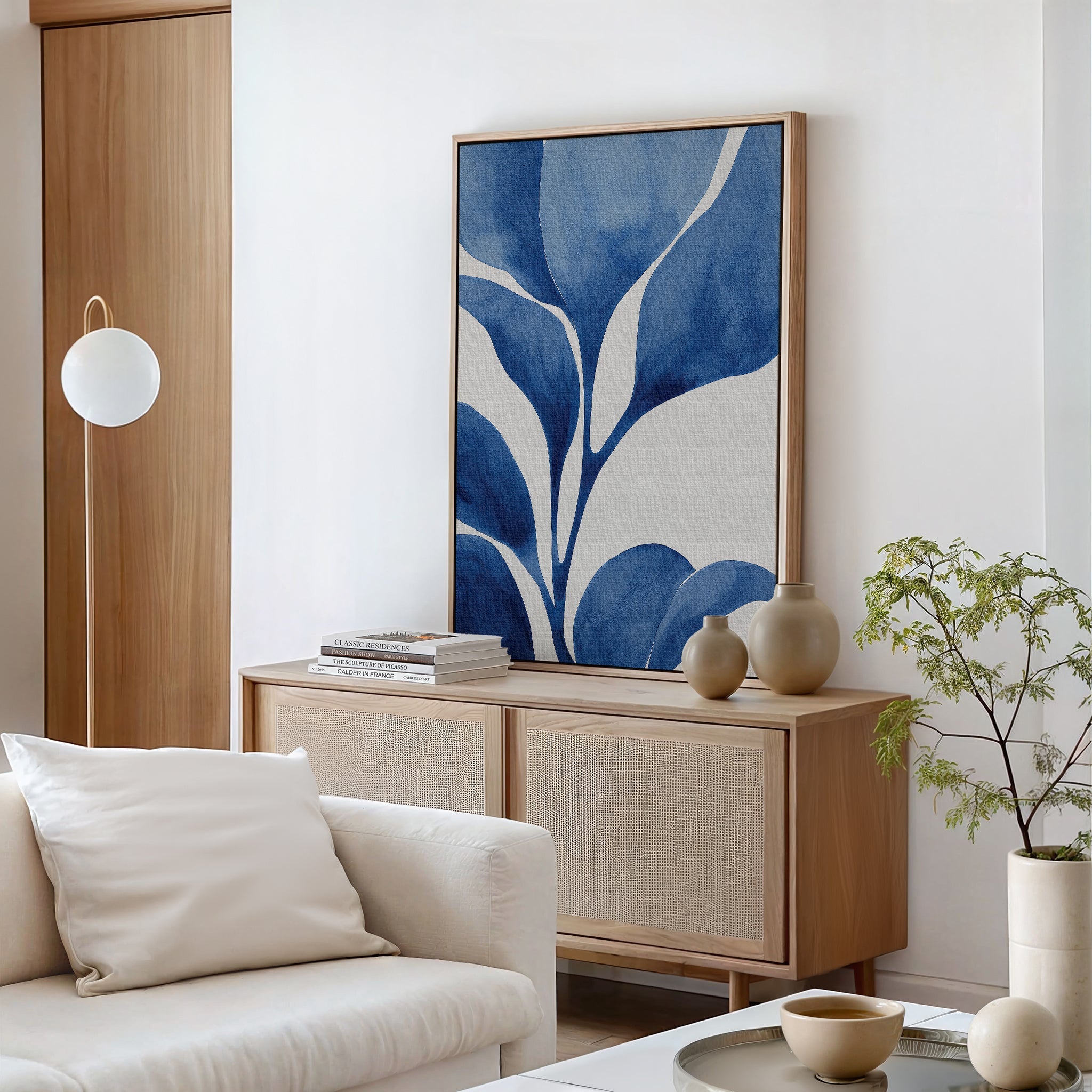 Indigo Whispers in Bloom – neutral-toned botanical canvas wall art print by Aspire Prints