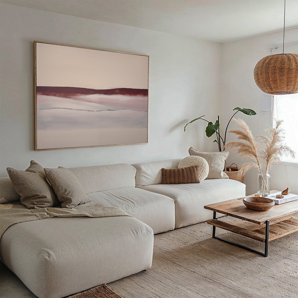 Crimson Horizon Reverie – beige and white landscape canvas wall art print by Aspire Prints