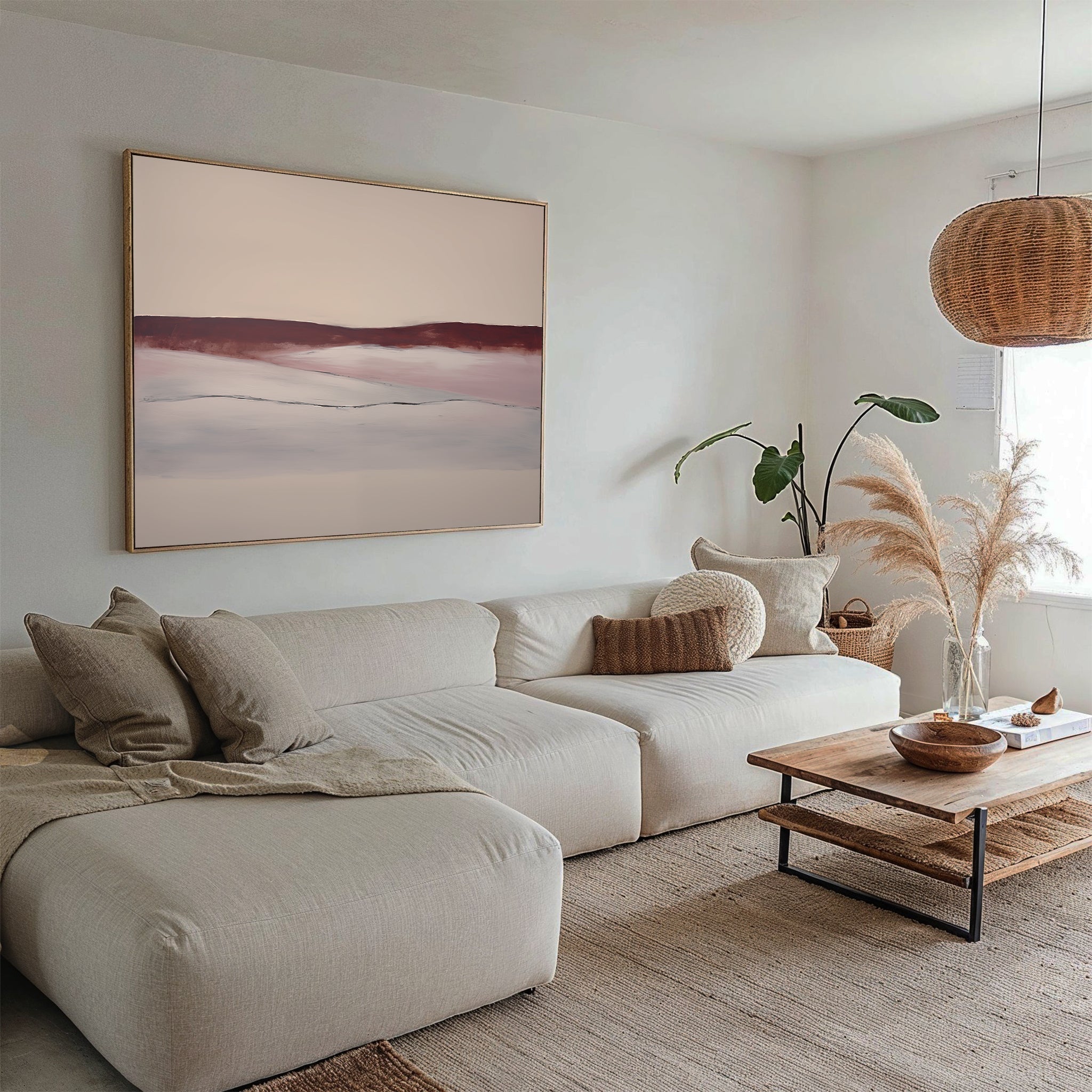 Crimson Horizon Reverie – beige and white landscape canvas wall art print by Aspire Prints