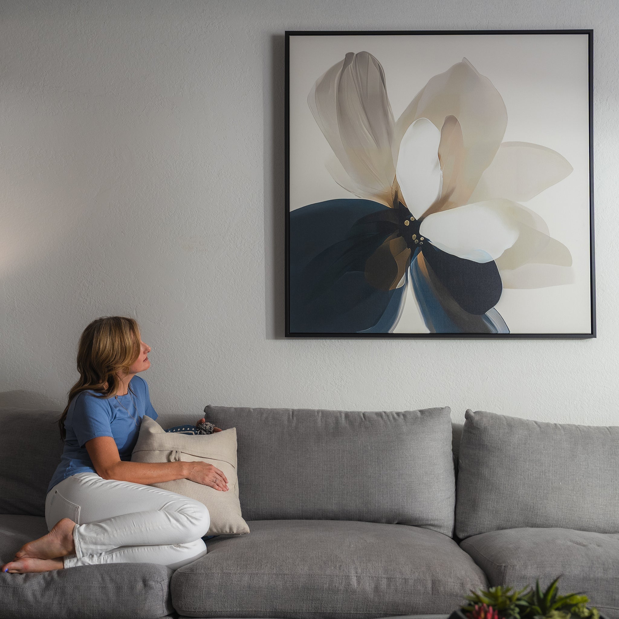 Petals in Hushed Light – blue botanical canvas wall art print by Aspire Prints