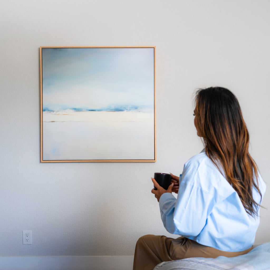 Whisper of the Veiled Shore – blue coastal canvas wall art print by Aspire Prints