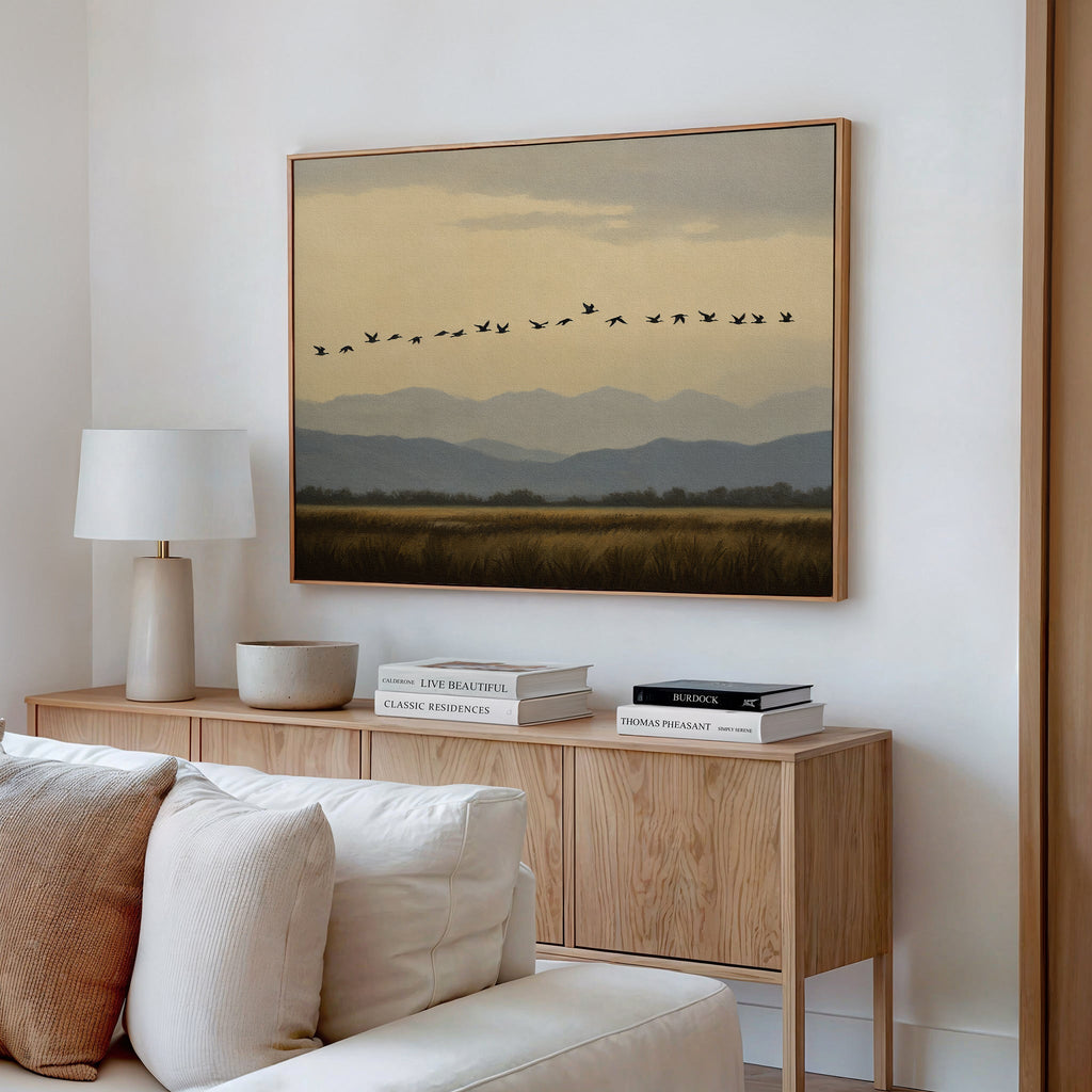 Wings Over the Quiet Valley Canvas Print – neutral-toned vintage canvas wall art print by Aspire Prints